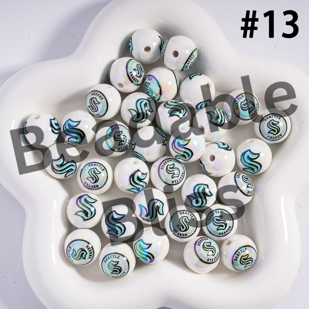 Acrylic Beads for Bracelets |  Round with UV Coating Ice Hockey Team Pattern, 16MM