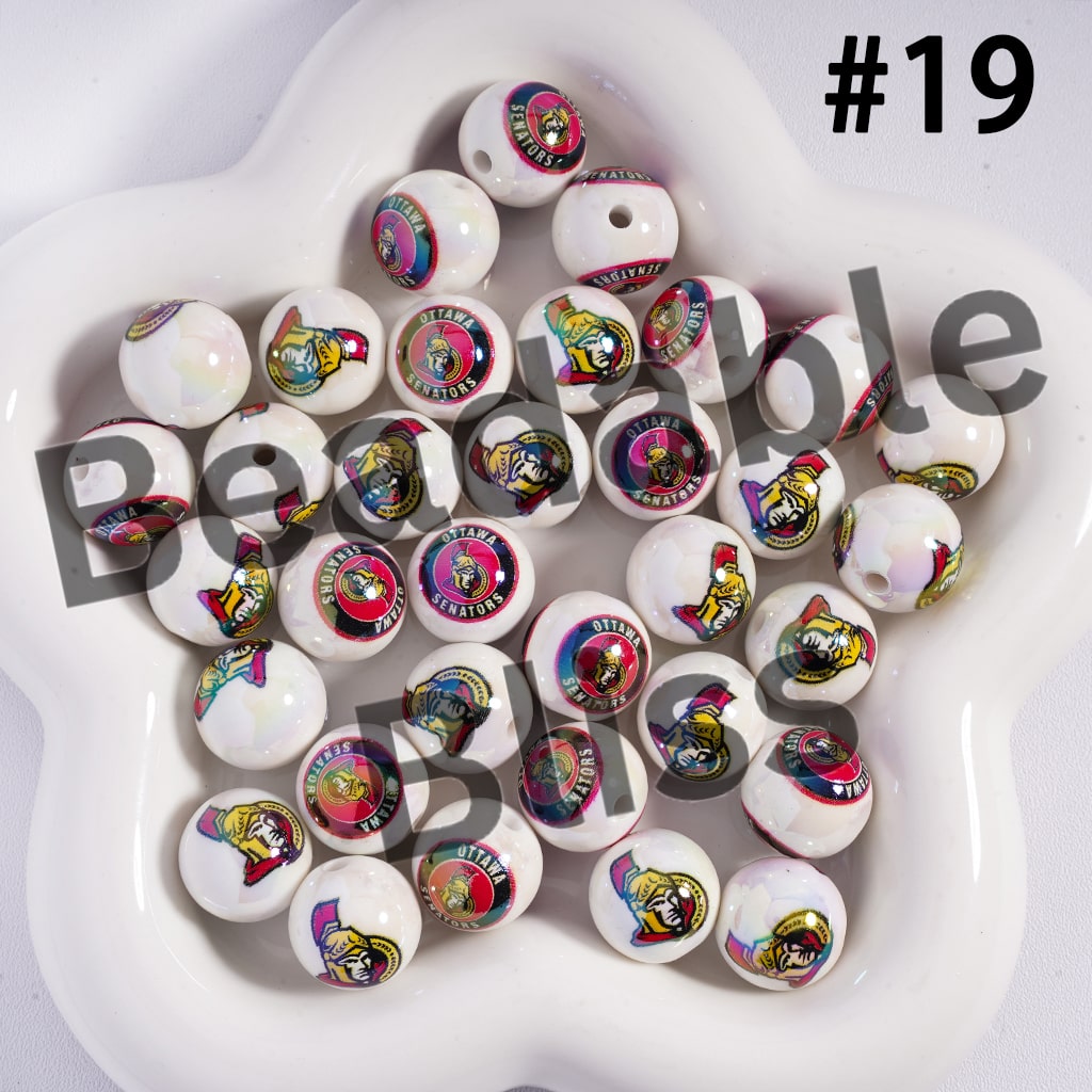 Acrylic Beads for Bracelets |  Round with UV Coating Ice Hockey Team Pattern, 16MM