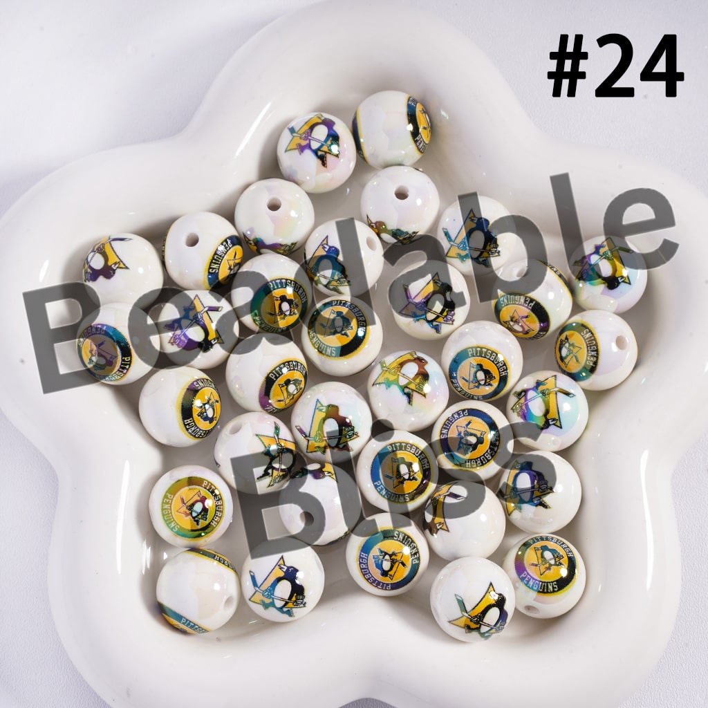 Acrylic Beads for Bracelets |  Round with UV Coating Ice Hockey Team Pattern, 16MM