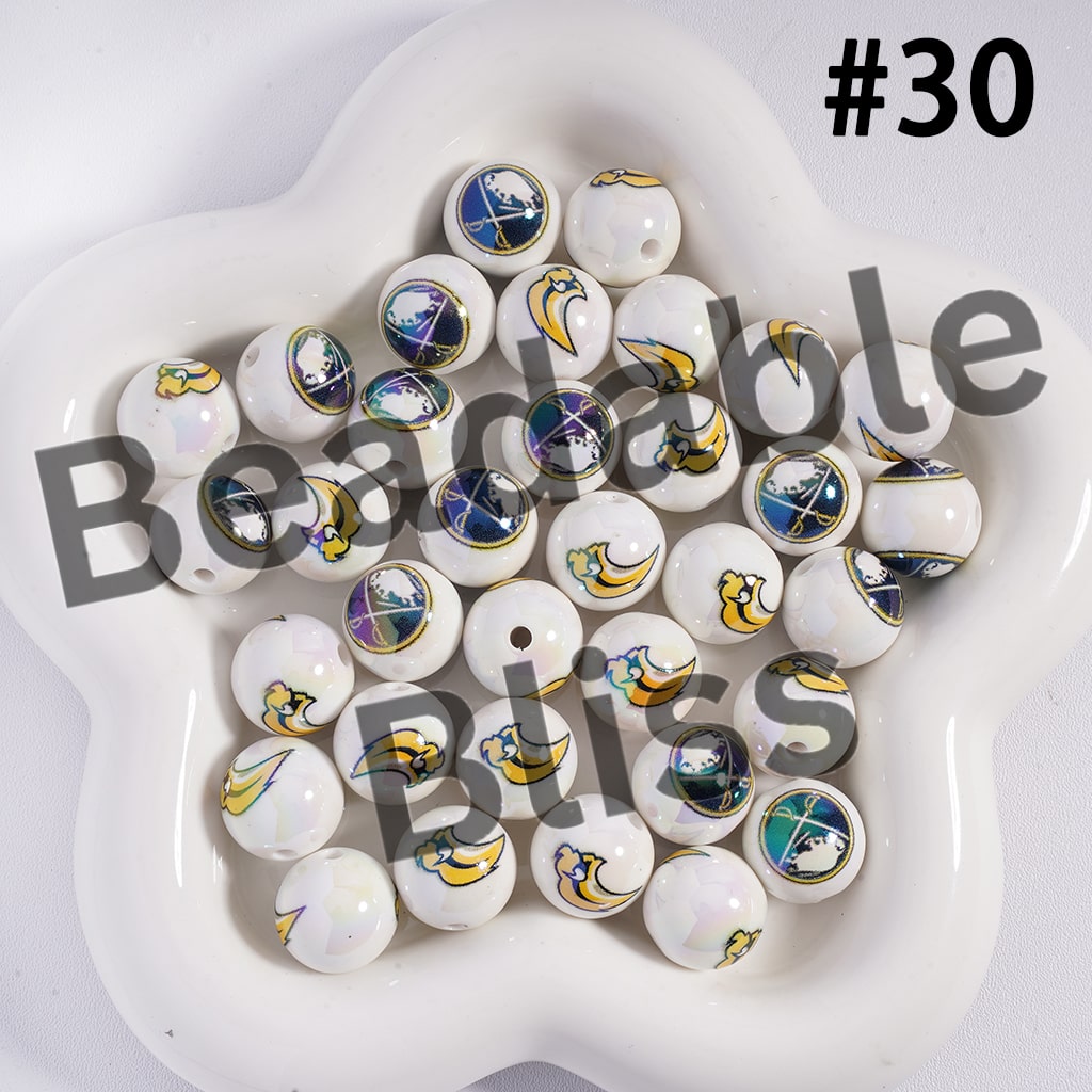 Acrylic Beads for Bracelets |  Round with UV Coating Ice Hockey Team Pattern, 16MM