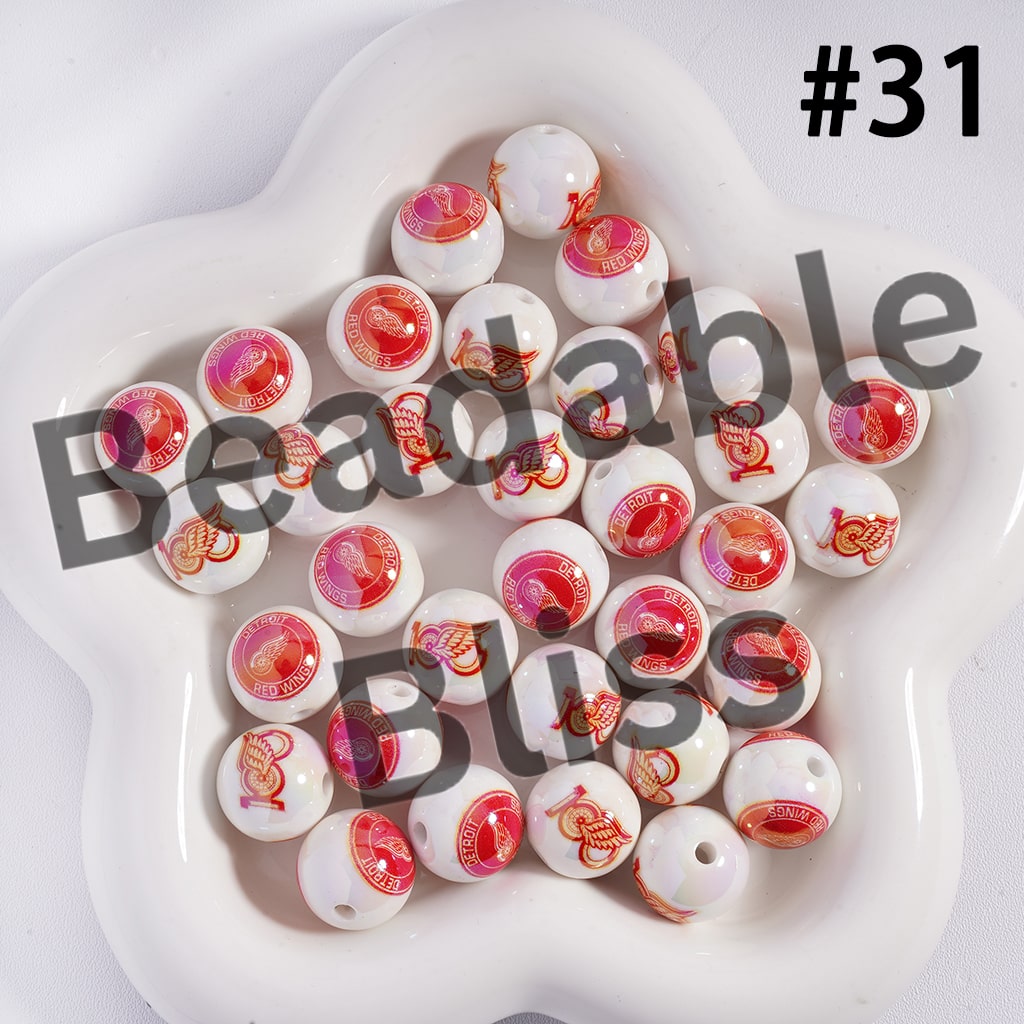 Acrylic Beads for Bracelets |  Round with UV Coating Ice Hockey Team Pattern, 16MM