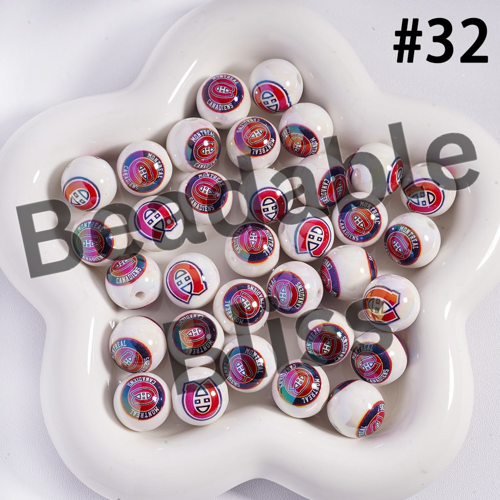 Acrylic Beads for Bracelets |  Round with UV Coating Ice Hockey Team Pattern, 16MM
