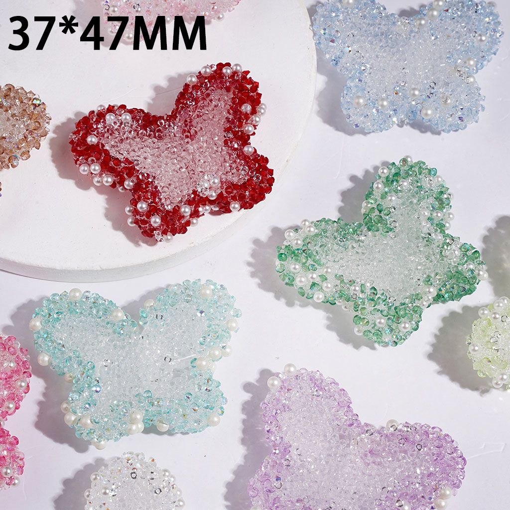 Handmade Acrylic Sugar Beads Butterfly with Cone Shaped Rhinestones and White Pearls, 37*47MM Random Mix Multi-Color