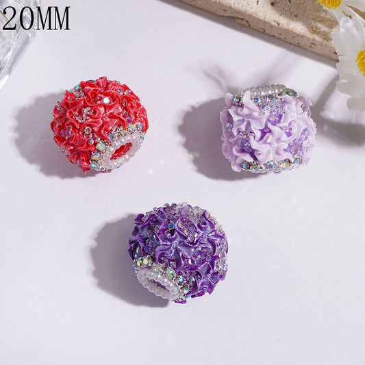 Glamorous Wrinkled Flower with Glitter, Cone-Shaped Rhinestones, AB Rhinestone & White Pearl Chains Handmade Acrylic Beads, 20MM, Multi-Color, Random Mix