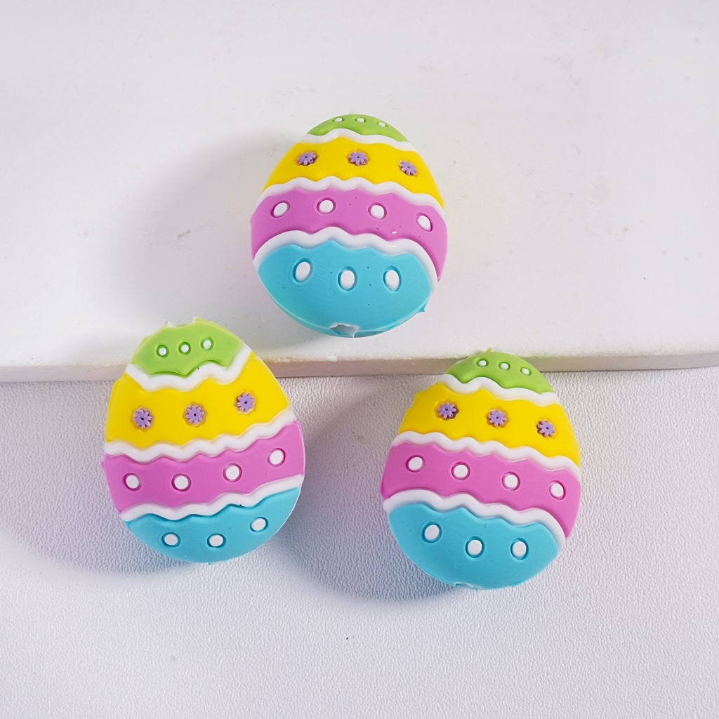 3D Colorful Easter Egg White Stripes, Polka Dots & Purple Flowers Silicone Focal Beads