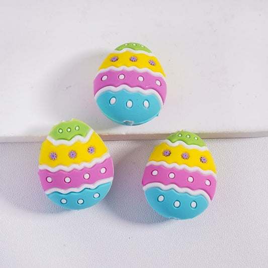 3D Colorful Easter Egg White Stripes, Polka Dots & Purple Flowers Silicone Focal Beads