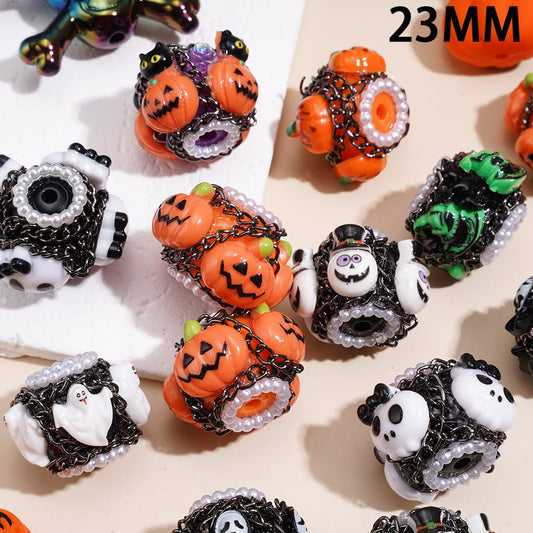 Spooky Horror Characters with Gun Black Metal Chains & White Pearl Loop Assorted shapes Halloween Theme Handcrafted Clay Beads