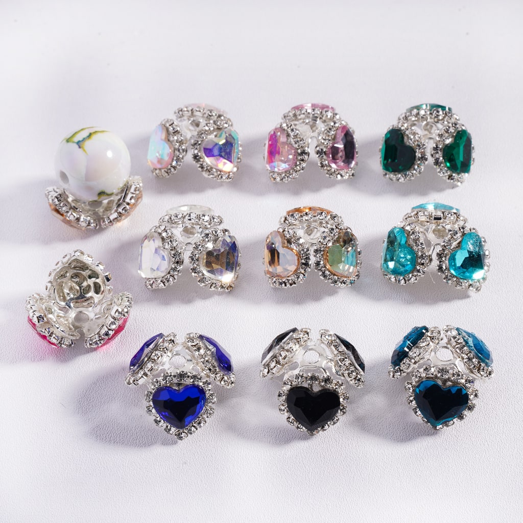 Colorful Heart Rhinestone Fancy Bead Cages with Crystal Chain Multi-Color Alloy Bead Cap, Fits 16MM Beads
