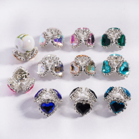 Colorful Heart Rhinestone Fancy Bead Cages with Crystal Chain Multi-Color Alloy Bead Cap, Fits 16MM Beads