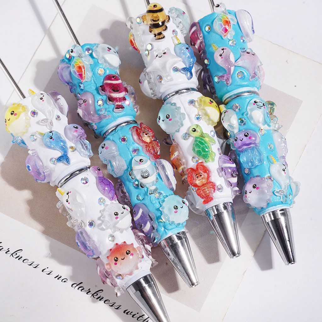 Oceanic Fish, Sea Turtle, Jellyfish & Shrimp with AB Rhinestones, White & Turquoise Background Beadable Clay Pens