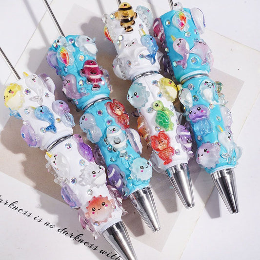 Oceanic Fish, Sea Turtle, Jellyfish & Shrimp with AB Rhinestones, White & Turquoise Background Beadable Clay Pens