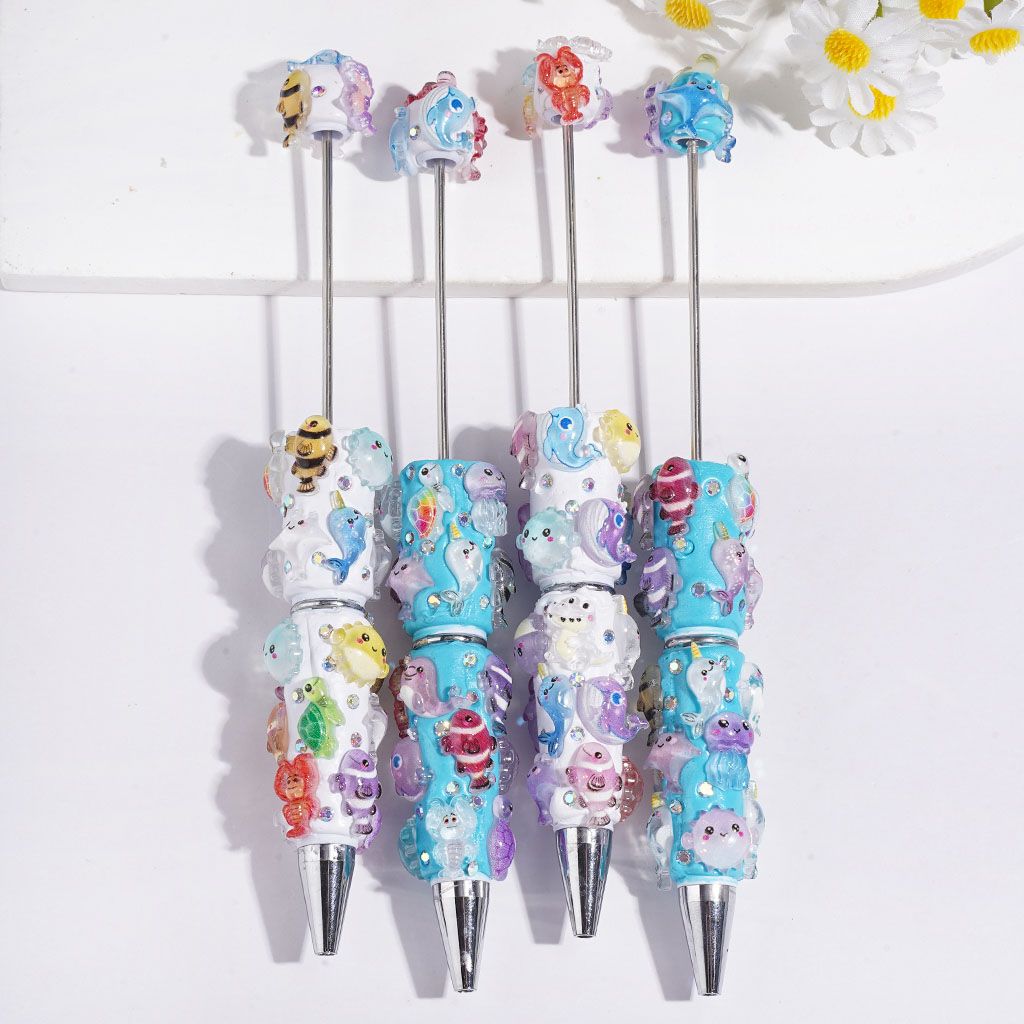 Oceanic Fish, Sea Turtle, Jellyfish & Shrimp with AB Rhinestones, White & Turquoise Background Beadable Clay Pens