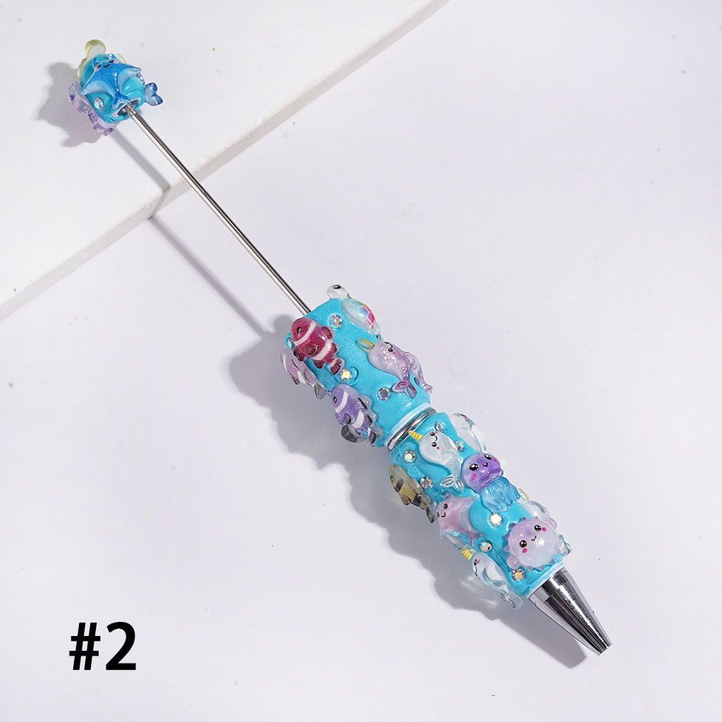 Oceanic Fish, Sea Turtle, Jellyfish & Shrimp with AB Rhinestones, White & Turquoise Background Beadable Clay Pens