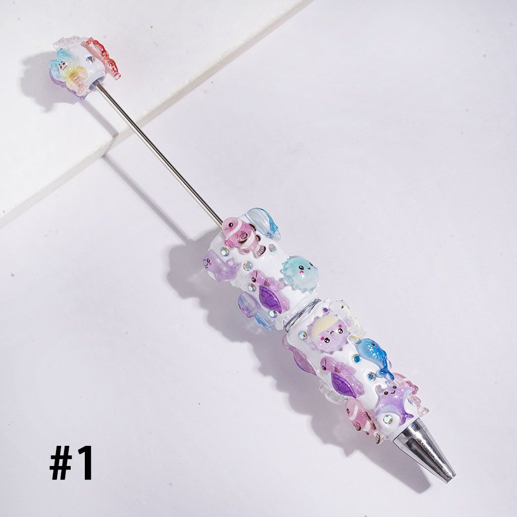 Oceanic Fish, Sea Turtle, Jellyfish & Shrimp with AB Rhinestones, White & Turquoise Background Beadable Clay Pens