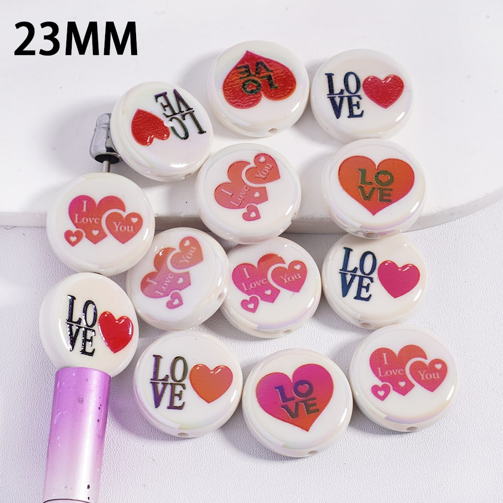 UV Coated Flat Round White Acrylic Beads Red Hearts & Love Text, Valentine’s Day Theme, 23mm Random Mix