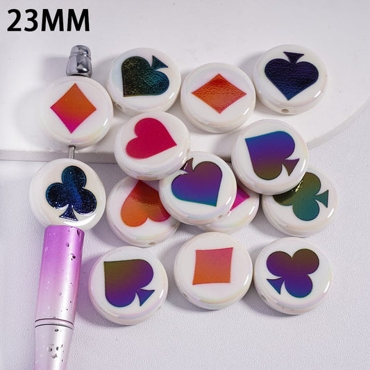 UV Coated Flat Round White Acrylic Beads with Poker Card Suits Prints 23mm Random Mix
