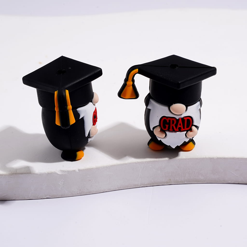 3D Adorable Graduation Gnome Character with Red “GRAD” Sign and Black Cap Silicone Focal Beads