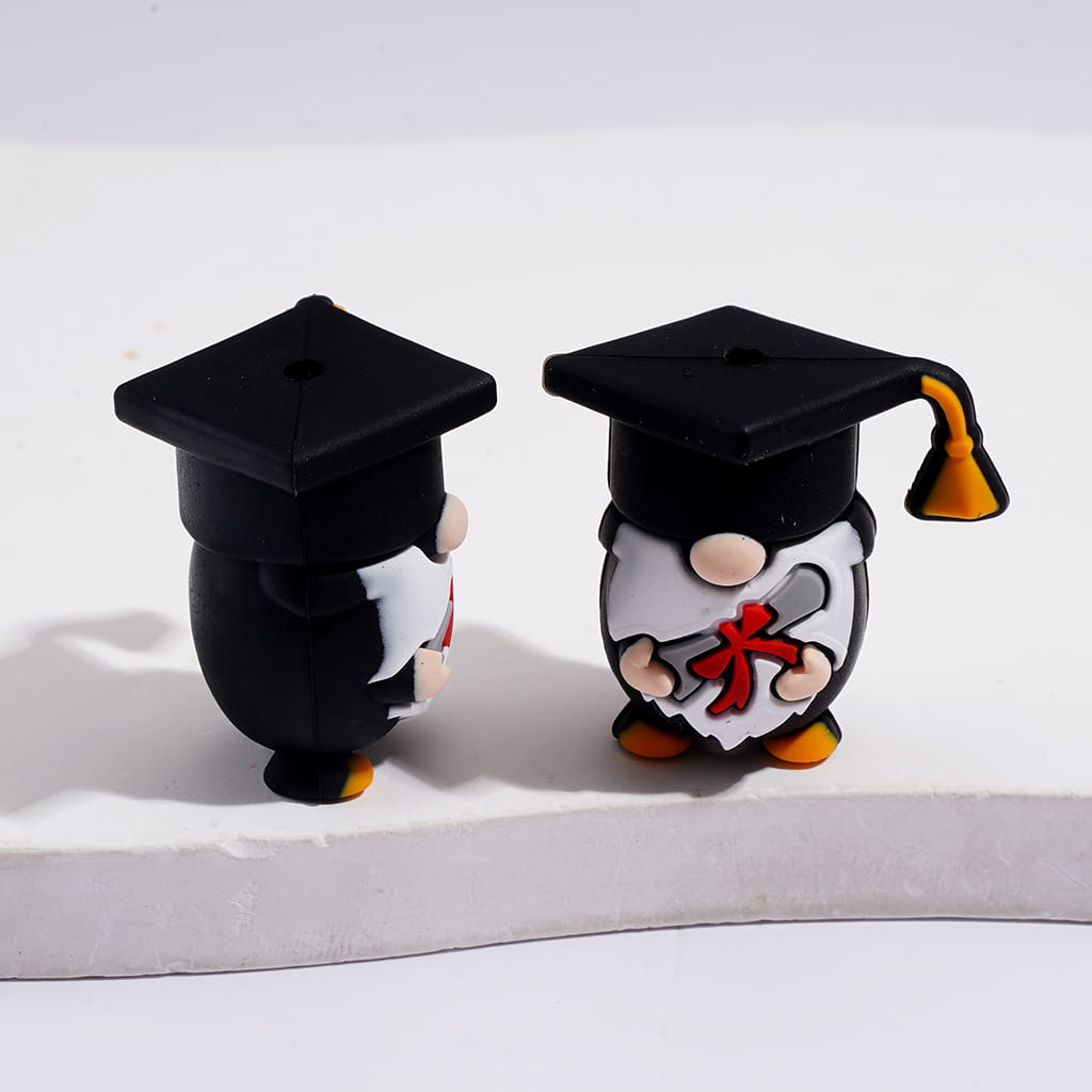 3D Adorable Graduation Gnome Character with Red “GRAD” Sign and Black Cap Silicone Focal Beads