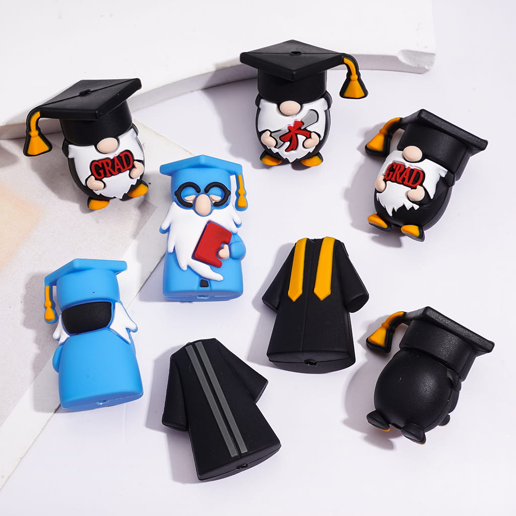 3D Adorable Graduation Gnome Character with Red “GRAD” Sign and Black Cap Silicone Focal Beads