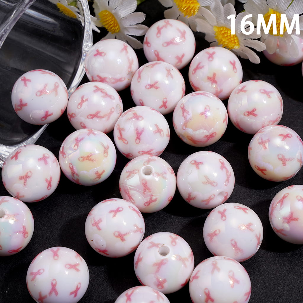UV Coated Glossy Pink Breast Cancer Awareness Ribbon Printed Round Acrylic Beads for Bracelets, 16MM
