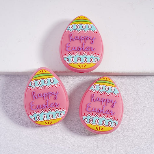 Happy Easter Colorful Egg with Text "Happy Easter" & Wave Stripes Silicone Focal Bead