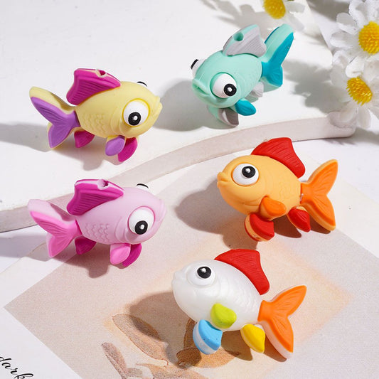 3D Playful Goldfish in Various Colors Cute Cartoon Ocean Animal Theme Silicone Focal Beads, 32*26MM, Random Mix