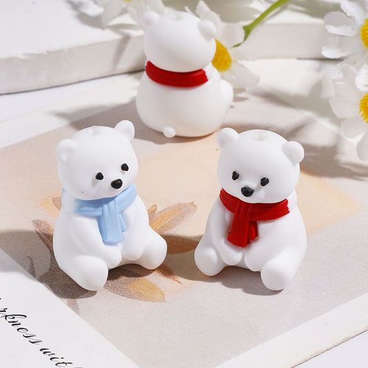 3D Cozy Polar Bear with Red & Light Blue Scarf in Sitting Position Silicone Focal Beads, Height 26MM