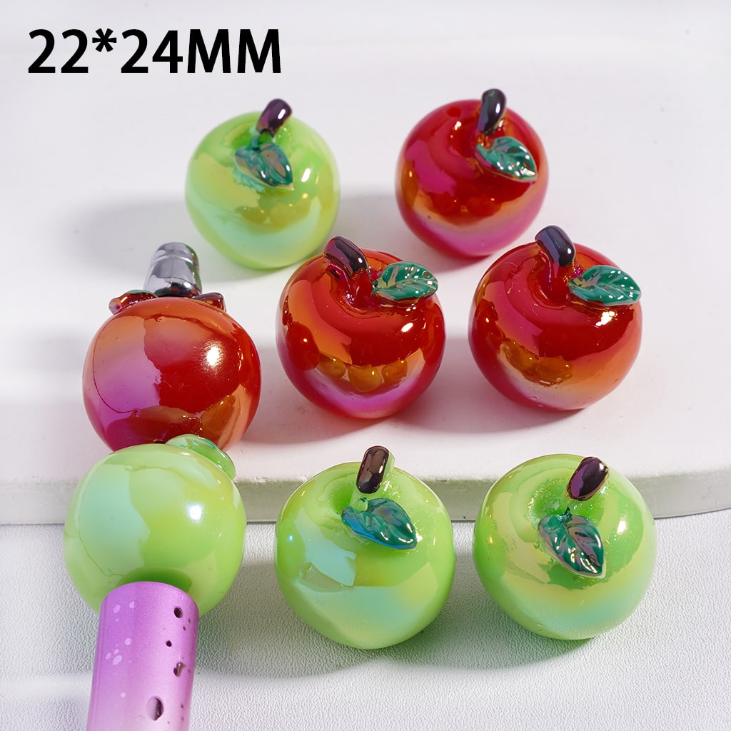 UV Coated Red & Green Apple Shape Acrylic Beads 22*24MM Random Mix