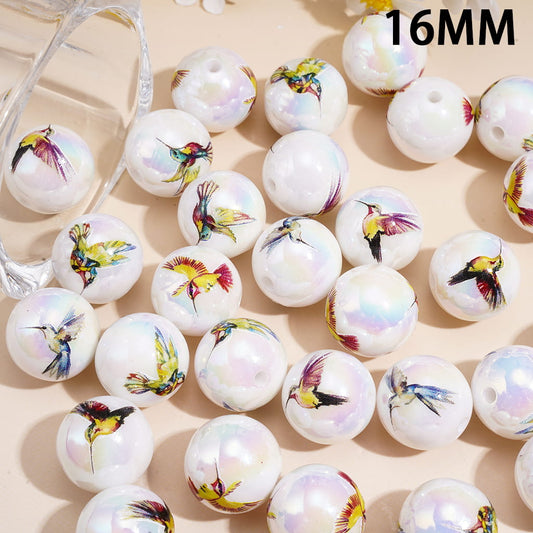 Adorable Hummingbird Theme UV Coated Glossy Printed Round Acrylic Beads for Bracelets, 16MM, Random Mix