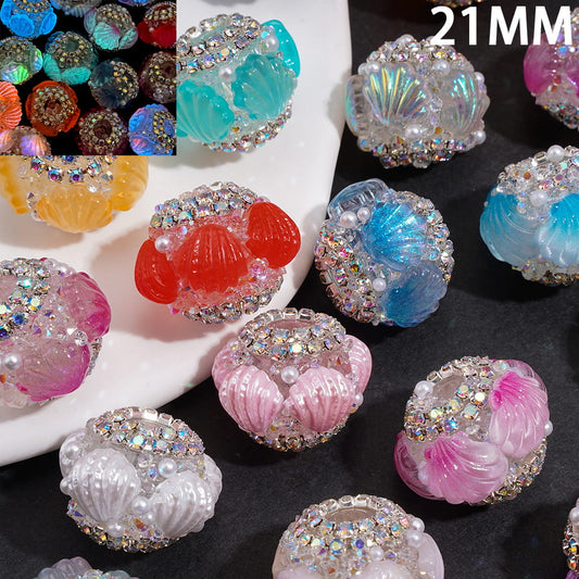 Luminous Sea Shell Design with Sparkling AB Rhinestone Chain & White Pearls Hand-Made Sugar Acrylic Beads, 21MM, Random Mix