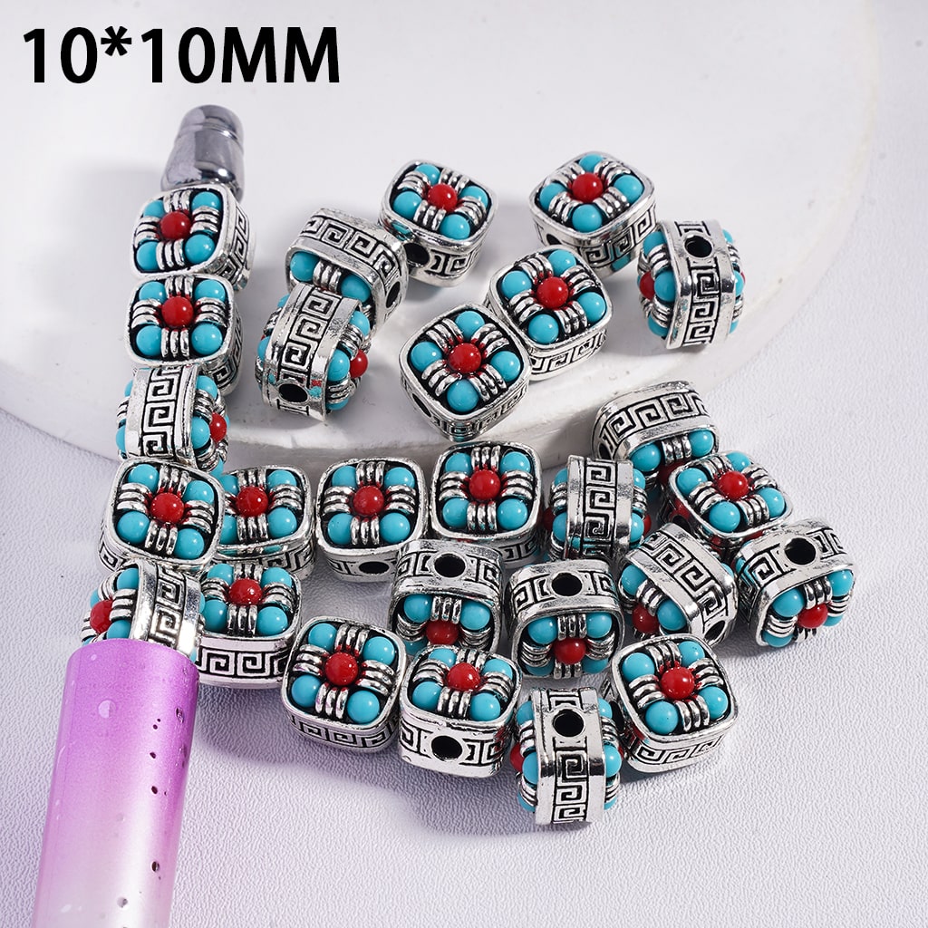 Silver Allow Cube Square Shape Beads Teal & Red Colors with Chinese Fret Pattern, 10*10MM