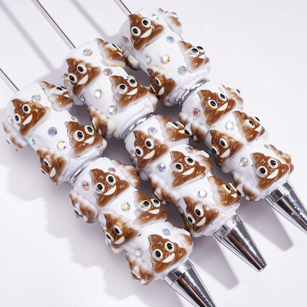 Brown Smiling Poop Cartoon Character with AB Rhinestones Beadable Clay Pens