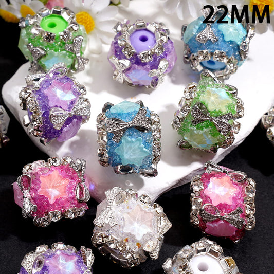 Snowflake Design with Silver Metal Bow & Clear Rhinestone Chain Hand-Made Sugar Acrylic Beads, 22MM, Random Mix