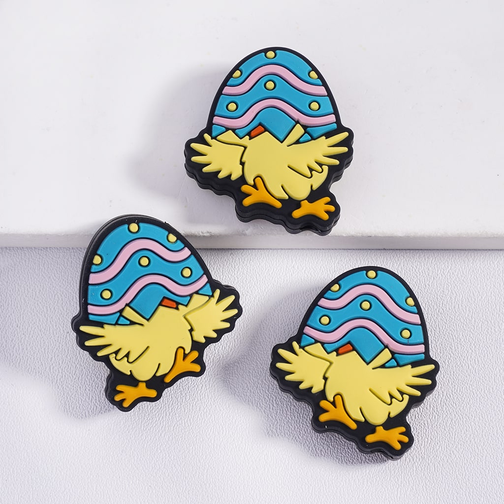 Cute Yellow Chick & Blue Egg and Polka Dots Cover Yellow Chick Easter Silicone Focal Beads