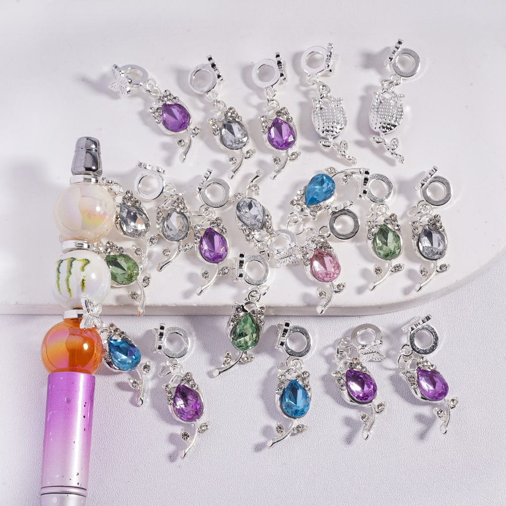 Butterfly Pendant with Flower Charm & Multicolor Water Drop Rhinestone Silver Bail Beads, Random Mix
