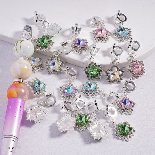 Silver Bail Beads, Butterfly Pendant with Snowflake Flower Charm, Clear Rhinestones Random Mix