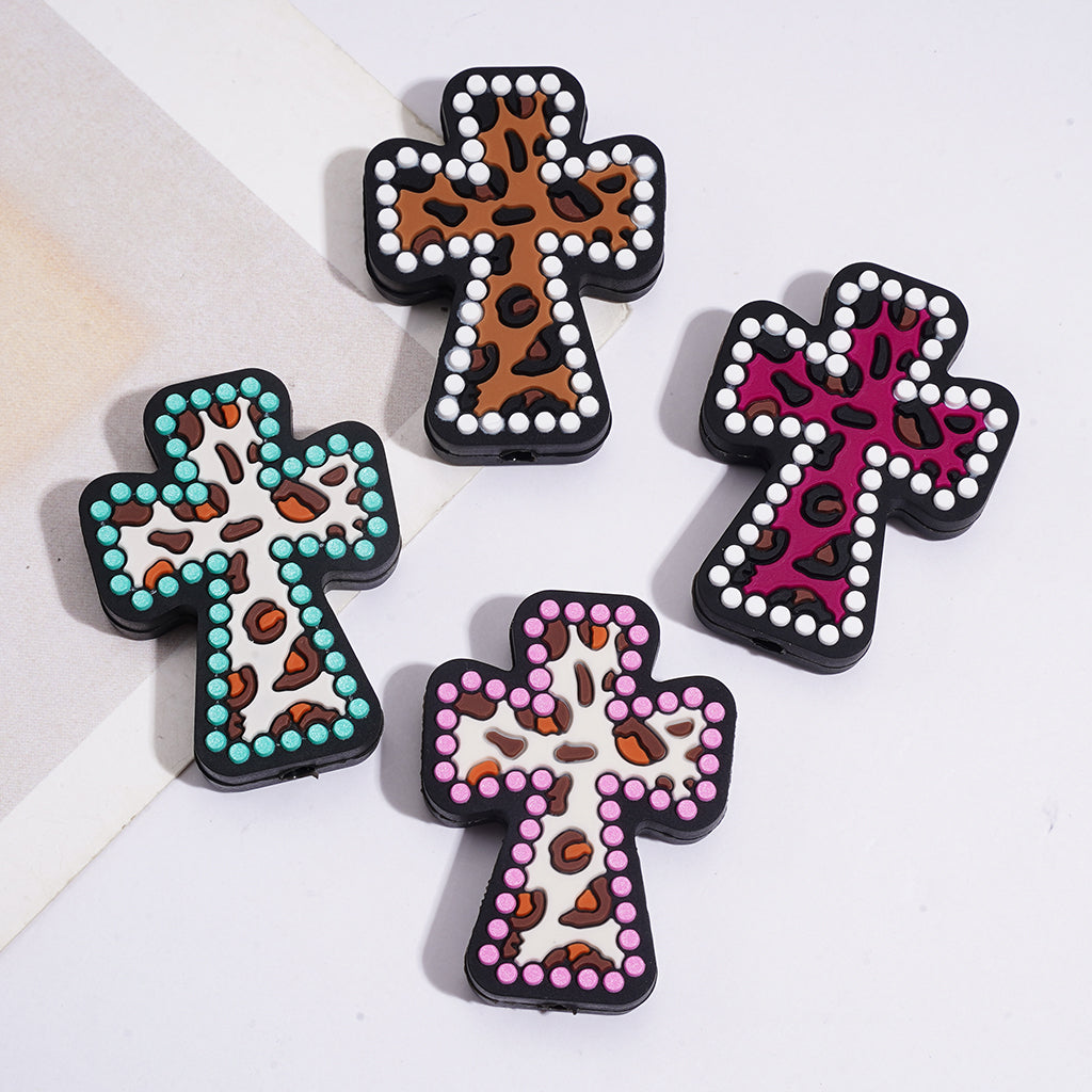Cross Shape with Leopard Print Pattern, Variant Color Silicone Focal Beads
