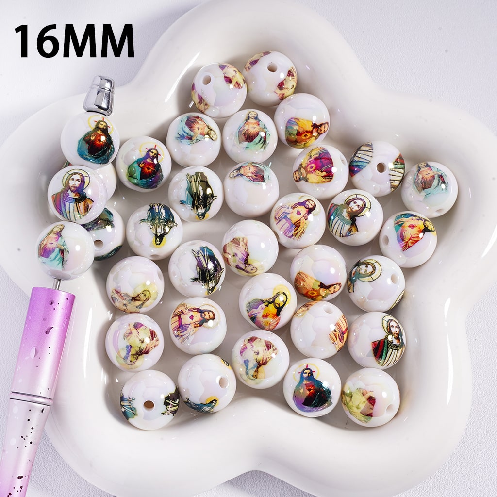 UV Coated Christianity Jesus Multi-Color Series Prints, White Round Acrylic Beads16MM Random Mix