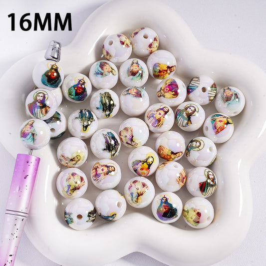 UV Coated Christianity Jesus Multi-Color Series Prints, White Round Acrylic Beads16MM Random Mix