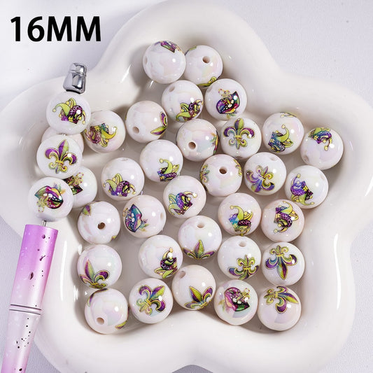 UV Coated Iris Flower & Lip Prints, White Round Mardi Gras Acrylic Beads 16MM Random Mix