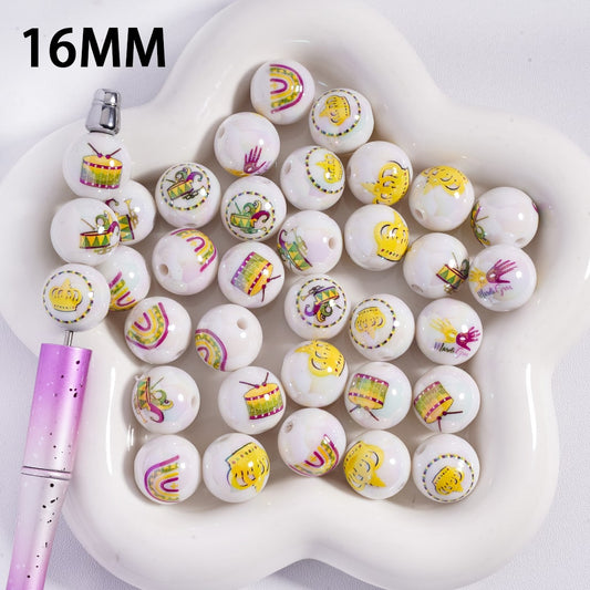 UV Coating with Crown and Musical Instruments Prints Mardi Gras White Round Acrylic Beads for Bracelet 16MM Random Mix