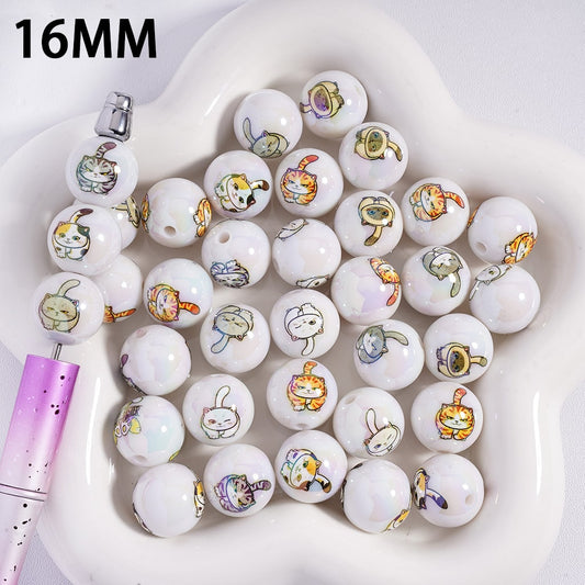UV Coated Multi-Color Plump Cat Series Prints White Round Acrylic Beads 16MM Random Mix
