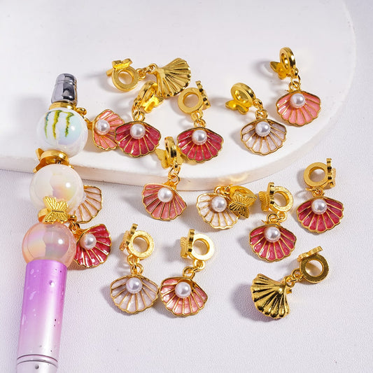 White Pearl on Multi-Color Shell with Butterfly Charm Pendant Gold Alloy Bail Beads Random Mix