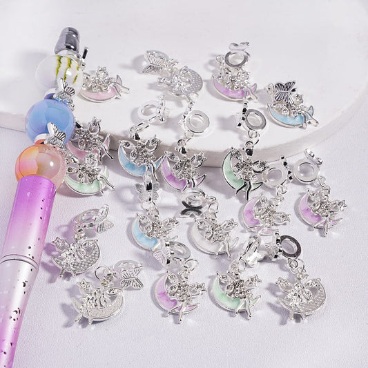 Silver Bail Beads Butterfly with Fairy Sitting on Crescent Moon Charm, Multicolor Rhinestones Random Mix
