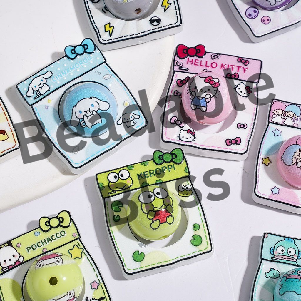 Adorable Animal Character Printed Acrylic Beads, Bread Paper Bag Shaped Frame and Round Beads Set Collection, Random Mix (Please Read Description)