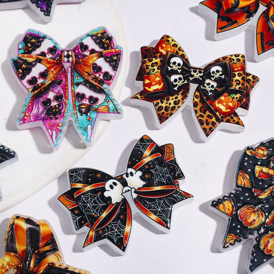 Spooky Halloween Ghost, Pumpkin, Skull, Bat & Purple Flower Print Bowtie Shaped Acrylic Beads, Random Mix