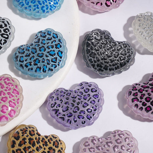 Luminous Cute Wild Leopard Print Heart Shaped Acrylic Beads, 21*27MM, Multi-Color Random Mix