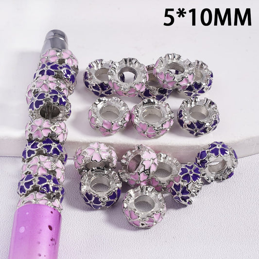 Heart Shape Flower Design Pink & Purple Silver Spacer Big Hole Beads 5*10mm Random Mix
