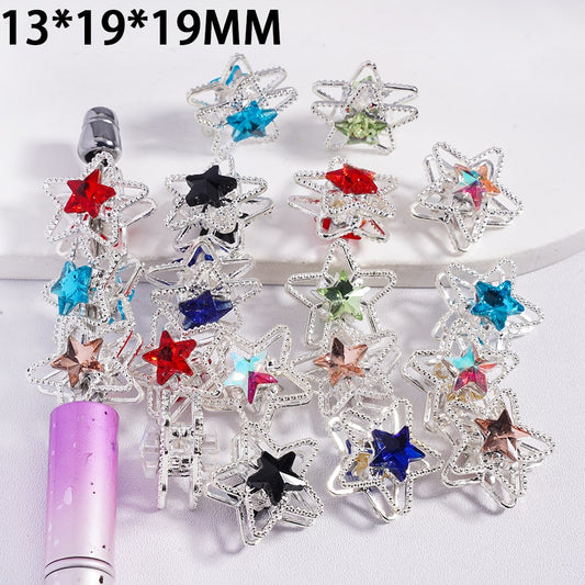 Fancy Star Frame Silver Metal Beads with Colorful Star Rhinestones 13*19*19MM, Random Mix