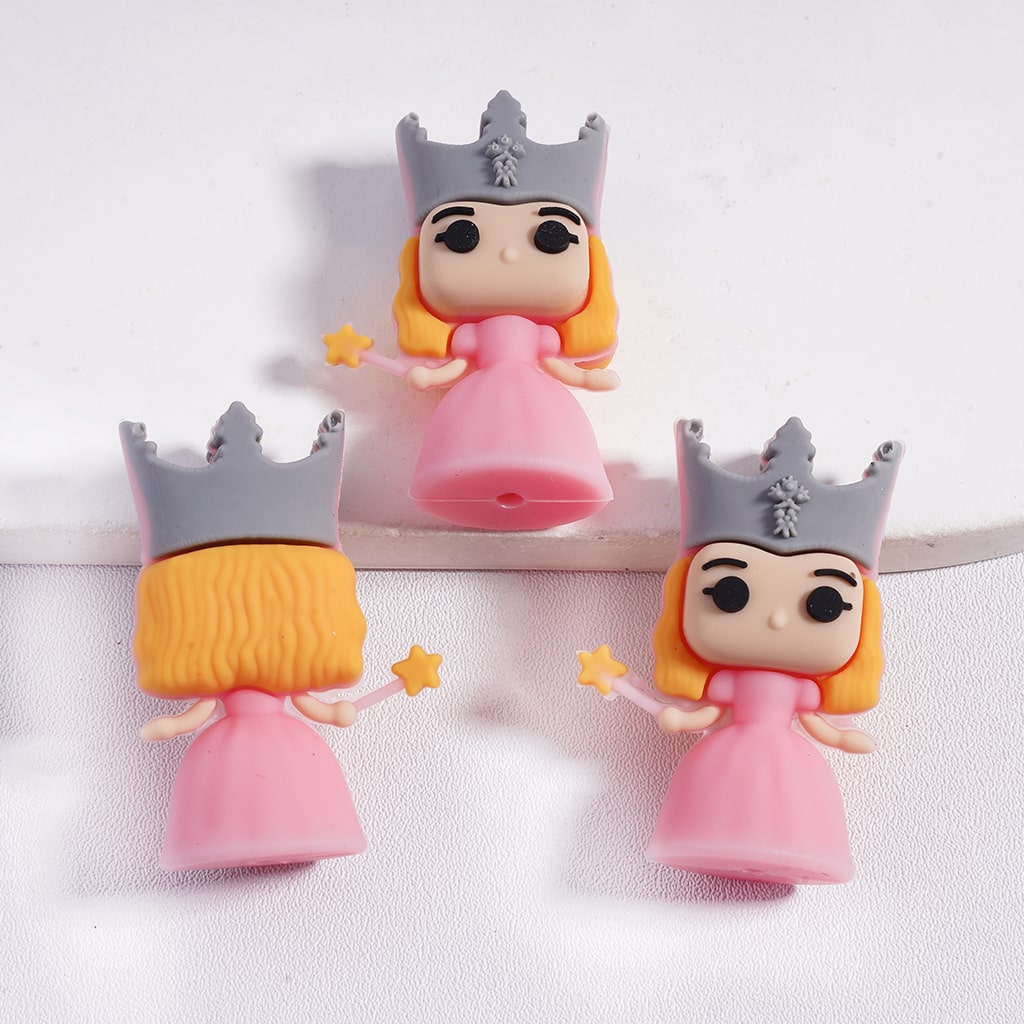 3D Princess with Crown, Pink Skirt Holding Star Wand Magic Stick Fairy Tale Theme Silicone Focal Beads